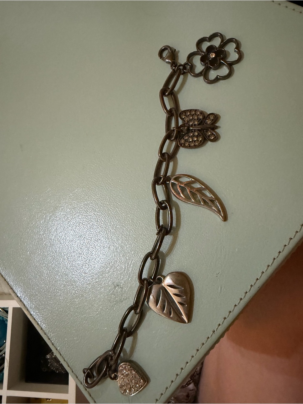 Black Leaf and Heart Charm Bracelet - Floral Accents